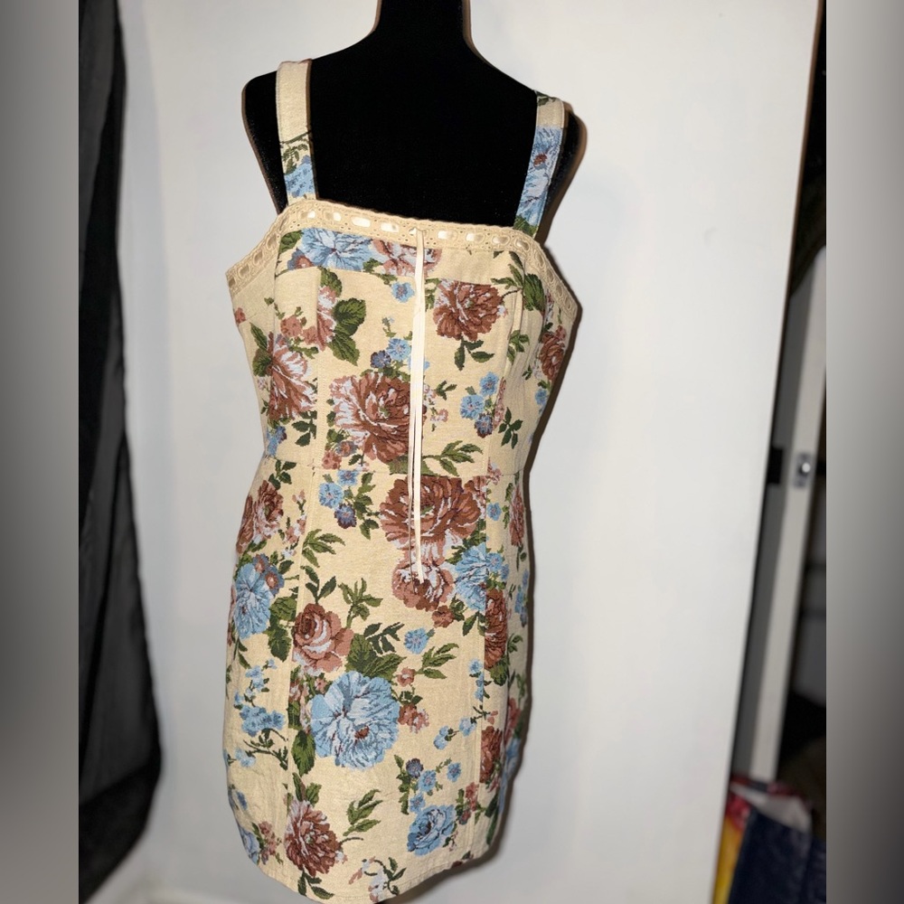 Cream Floral Corset Mini Dress with Blue & Brown Blooms